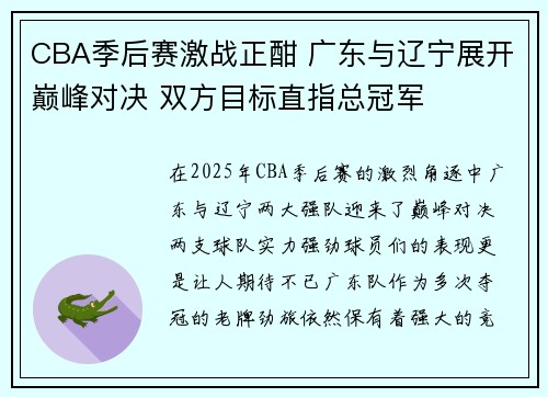 CBA季后赛激战正酣 广东与辽宁展开巅峰对决 双方目标直指总冠军